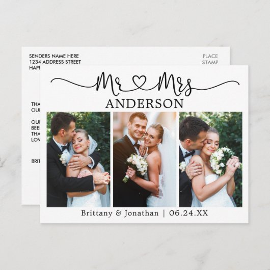 モダンカリグラフィー ハート ウェディング 3枚写真 ありがとう ポストカード (正面/裏面)