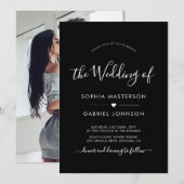 モダンカリグラフィー ハート フォト ブラック ウェディング 招待状 (正面/裏面)