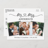 モダンカリグラフィー ハート 3 フォト ウェディング サンクス ポストカード (正面/裏面)