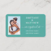 モダンカリグラフィー フォト ウェディング レジストリー ティール エンクロージャーカード (正面)