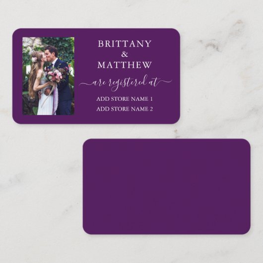 モダンカリグラフィー フォト ウェディング レジストリー パープル エンクロージャーカード (正面/裏面)