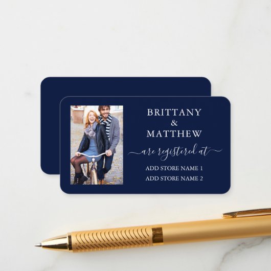 モダンカリグラフィー フォト ウェディング レジストリー ブルー エンクロージャーカード (正面/裏面インサイチュ)