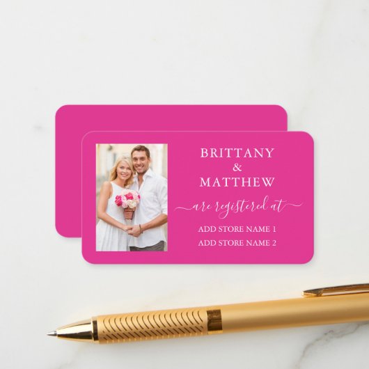 モダンカリグラフィー フォト ウェディング レジストリー ホットピンク エンクロージャーカード (正面/裏面インサイチュ)