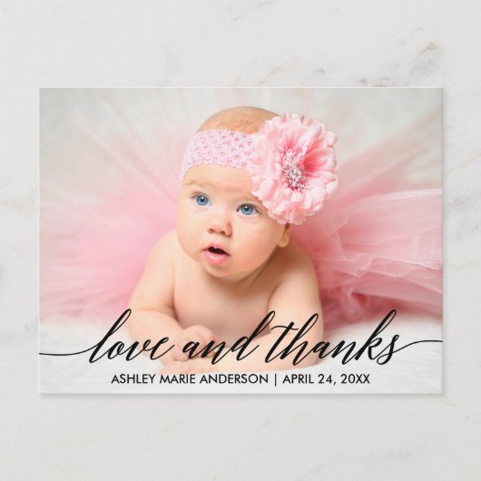 モダンカリグラフィー ベイビー ラブ アンド サンクス フォト ポストカード (正面)