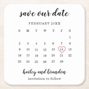 モダンカレンダーの赤いハートの結婚式のSave the Date スクエアペーパーコースター