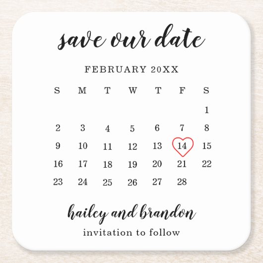 モダンカレンダーの赤いハートの結婚式のSave the Date スクエアペーパーコースター (正面)