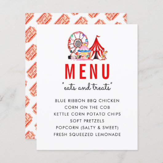 モダンカーニバルサーカス誕生日パーティーメニューを表示 (正面/裏面)