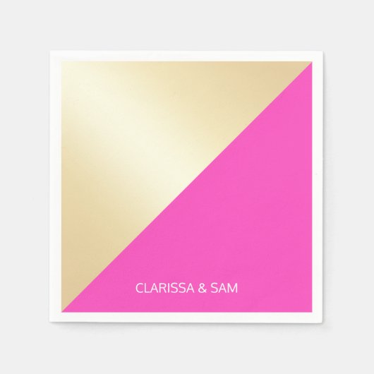 モダンガーリーエレガント熱ピンクと金ゴールド色ブロック スタンダードカクテルナプキン (正面)