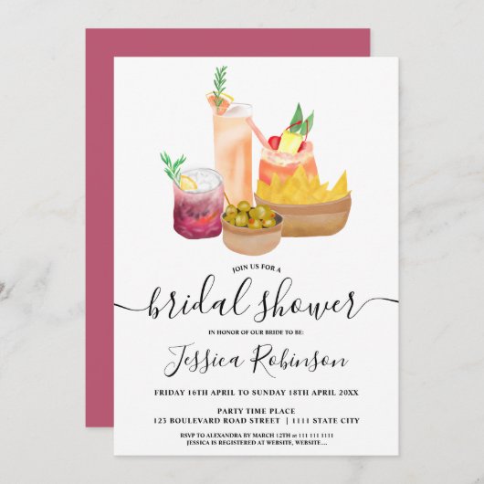 モダンガーリーカクテル水彩ブライダルシャワー 招待状 (正面/裏面)