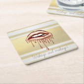 モダンガーリーストライプ金ゴールド、金属滴下唇 スクエアペーパーコースター (アングル)
