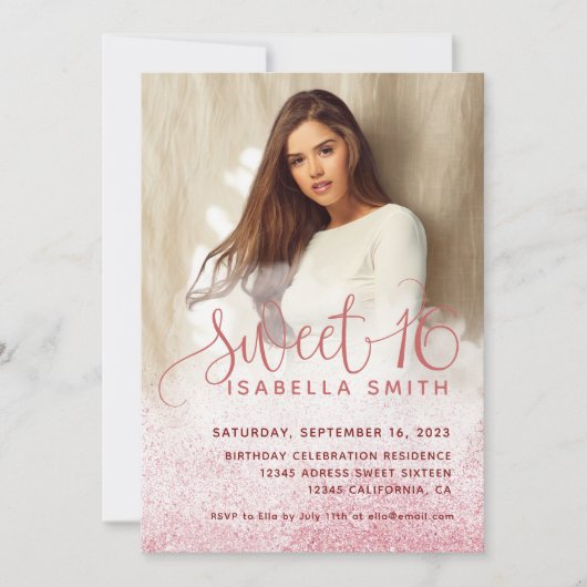 モダンガーリーバラ金ゴールドグリッターシック写真甘い16 招待状 (正面)