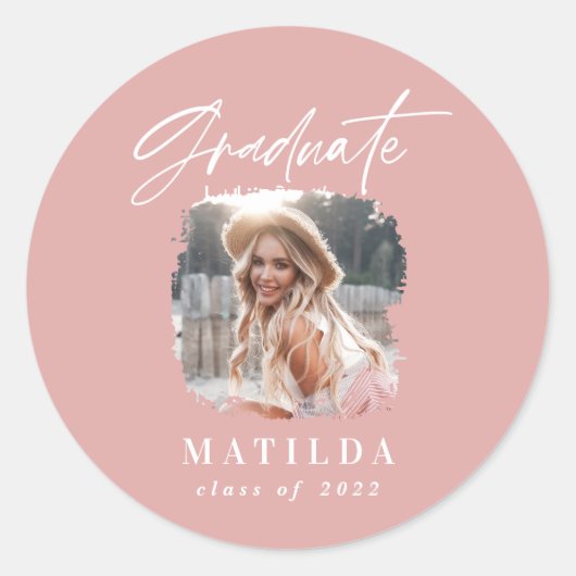 モダンガーリーピンクの写真エレガント卒業 ラウンドシール (正面)