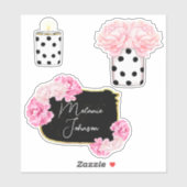 モダンガーリーファンシー可愛いピンクの黒いドットフローラ シール (シート)