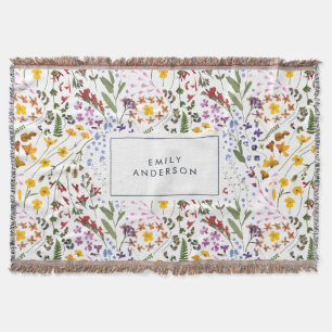 モダンガーリーフローラカラフルイニシャルネイビーブルーthr スローブランケット