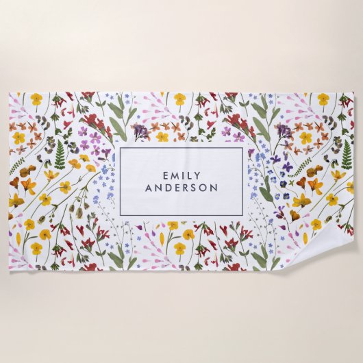 モダンガーリーフローラカラフルイニシャル ビーチタオル (正面)