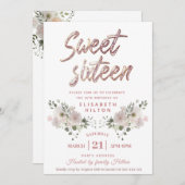 モダンガーリーフローラグリッタータイポグラフィスウィート16 招待状 (正面/裏面)