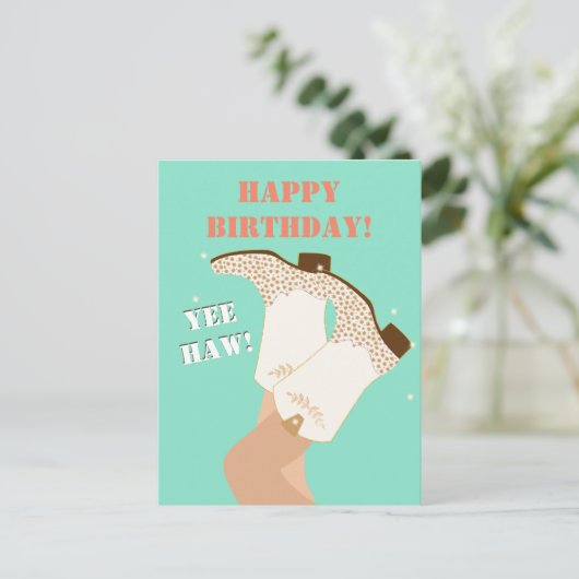 モダンガーリー女性のカーボーイブーツレッグイェーハウ誕生日 ポストカード (スタンド正面)