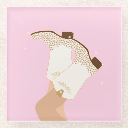 モダンガーリー女性のカーボーイブーツレッグスターイエハウピンク ガラスコースター (正面)