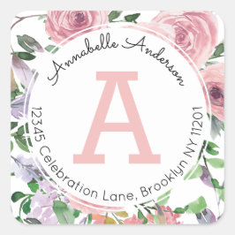 モダンガーリー赤面ピンクフローラ水彩モノグラム スクエアシール