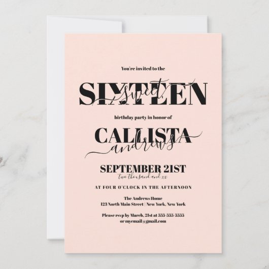 モダンガーリー赤面ピンクブラック4枚フォトスイート16 招待状 (裏面)