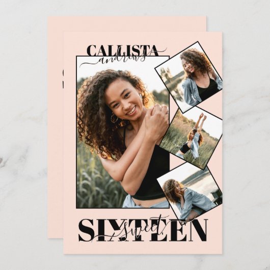 モダンガーリー赤面ピンクブラック4枚フォトスイート16 招待状 (正面/裏面)