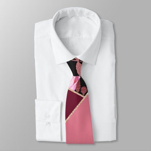 モダンガーリー金ゴールドピンク黒フローラ幾何学模様 ネクタイ (タイ)