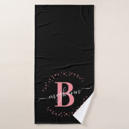 モダンガーリーPink Black Nameスクリプトモノグラムの バスタオル