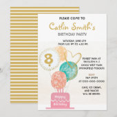 モダンガール ゴールーバルーン 子供の誕生日パーティー 招待状 (正面/裏面)