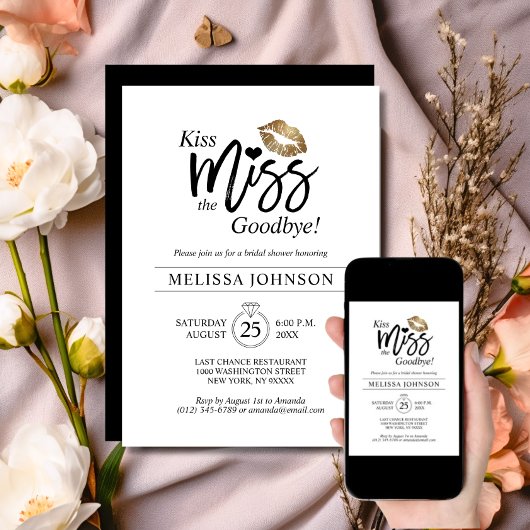 モダンキス恋しく思さようなら金ゴールドリップブライダルシャワー 招待状