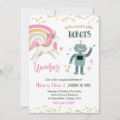 モダンキッズロボットとユニコーン兄弟姉妹誕生日 招待状 (正面)