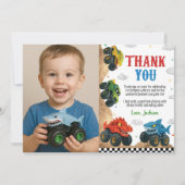 モダンキッズ モンスタートラック バースデーパーティー フォト サンキューカード (正面)