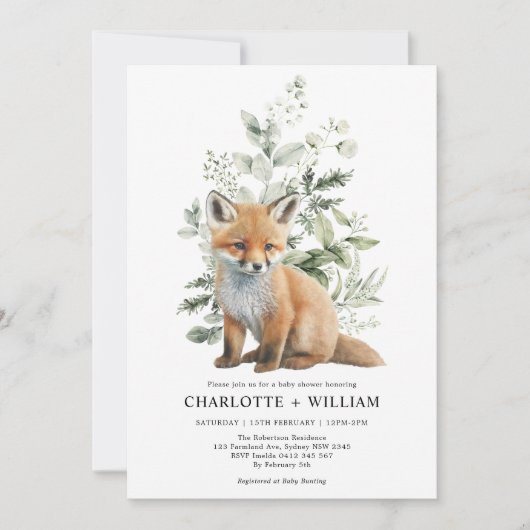 モダンキツネセージ緑の植物葉の赤ちゃんシャワー 招待状 (正面)