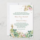 モダンキリスト教クロスとリングや輪のフローラ結婚 招待状 (正面)