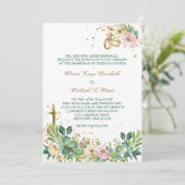 モダンキリスト教クロスとリングや輪のフローラ結婚 招待状 (スタンド正面)