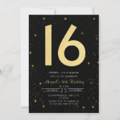 モダンギャラクシーブラックゴールドスウィート16歳の誕生日パーティー 招待状 (正面)