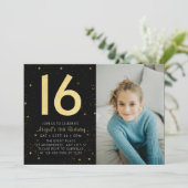 モダンギャラクシー フォト ブラック ゴールド 16歳の誕生日パーティー 招待状 (スタンド正面)