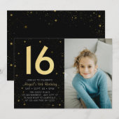 モダンギャラクシー フォト ブラック ゴールド 16歳の誕生日パーティー 招待状 (正面/裏面)