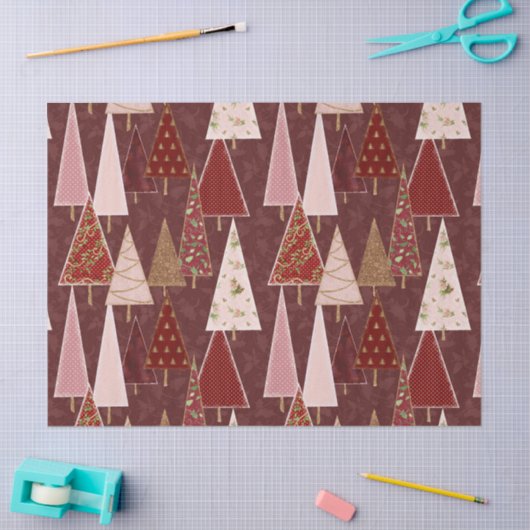 モダンクビクトリアンリスマスの木金ゴールドバーガンディーピンク 薄葉紙 (クラフト)