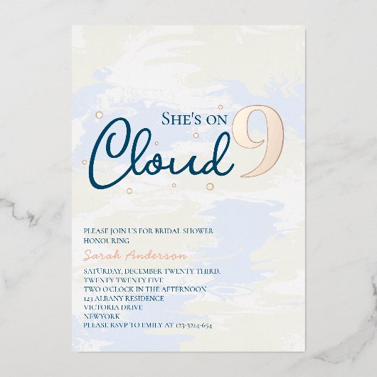 モダンクラウドナインブライダルシャワーバラ金ゴールド 箔招待状 (正面)