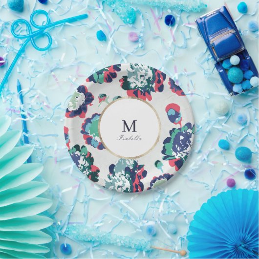 モダンクラシックなグリーンゴールドの抽象的な花のモノグラム ペーパープレート (パーティー)