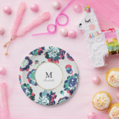 モダンクラシックなグリーンゴールドの抽象的な花のモノグラム ペーパープレート (パーティー)