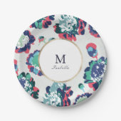 モダンクラシックなグリーンゴールドの抽象的な花のモノグラム ペーパープレート (正面)