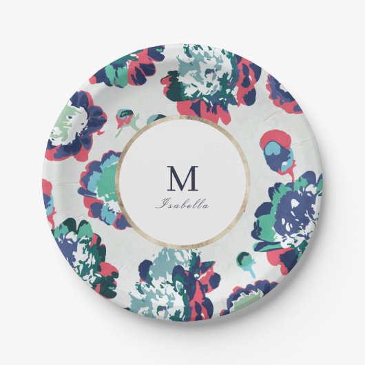 モダンクラシックなグリーンゴールドの抽象的な花のモノグラム ペーパープレート (正面)