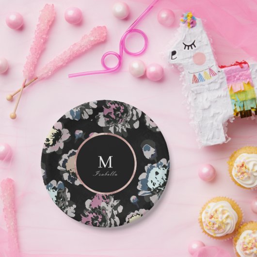 モダンクラシックなブラックアブストラクトフラワーモノグラム ペーパープレート (パーティー)