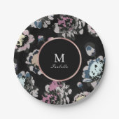 モダンクラシックなブラックアブストラクトフラワーモノグラム ペーパープレート (正面)