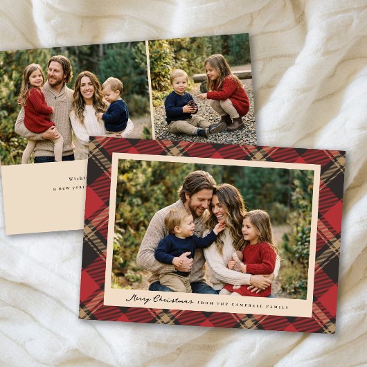 モダンクラシックな赤いチェックのクリスマス 3 枚の写真入り シーズンカード