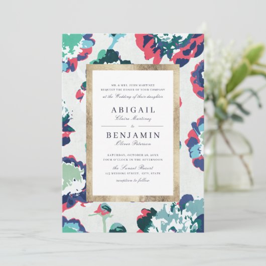 モダンクラシックグリーン金ゴールド抽象芸術フローラ結婚の 招待状 (スタンド正面)