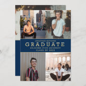 モダンクラシックネイビー青金ゴールド写真卒業 招待状 (正面/裏面)