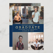 モダンクラシックネイビー青金ゴールド写真卒業 案内状 (正面/裏面)