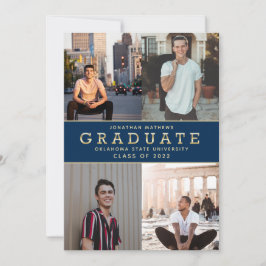 モダンクラシックネイビー青金ゴールド写真卒業 案内状